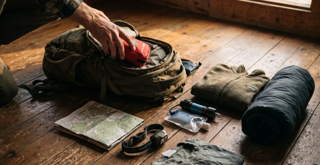 Une personne organise sac de randonnée, lampe frontale et trousse de secours au sol d'un refuge.