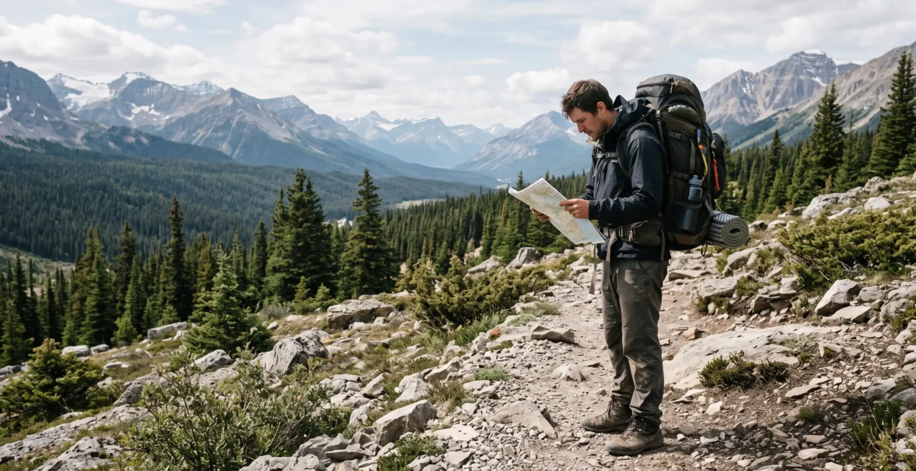 Un randonneur consulte une carte papier sur un sentier de montagne au Canada.