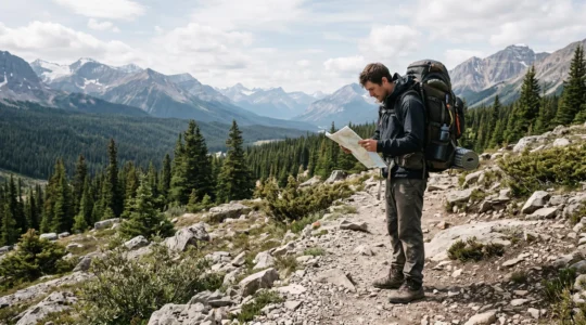 Un randonneur consulte une carte papier sur un sentier de montagne au Canada.