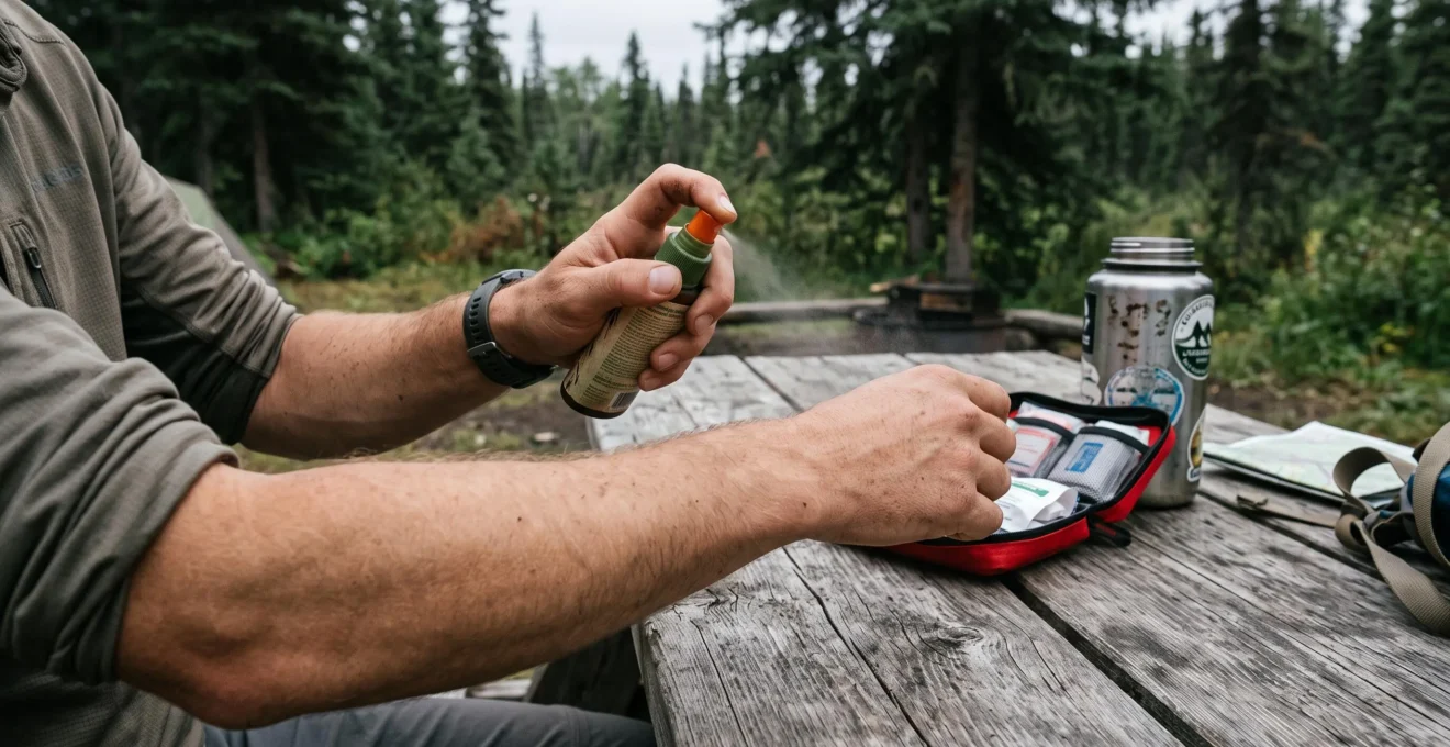 Un randonneur applique du répulsif anti-insectes sur son bras près d'une trousse de premiers secours.