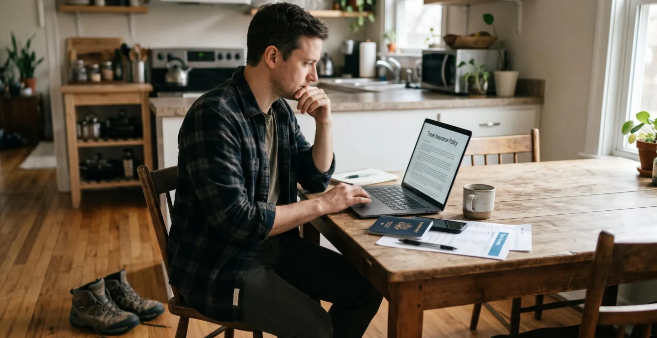 Une voyageuse compare des documents d'assurance voyage sur un ordinateur portable à son domicile.